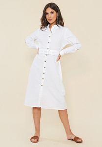 White Cotton Mock Horn Button Belted Midi Shirt Dress