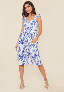 White and Blue Floral Print Button Down Midi Dress