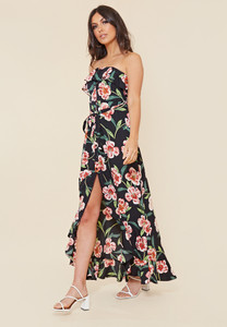 Black Floral Bardot Bandeau Button Down Maxi Dress with Frill