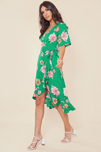 Green Floral Print Wrap Frill Hem Midi Dress