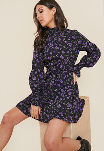 Black Ditsy Floral High Shirred Neck and Cuff Skater Dress
