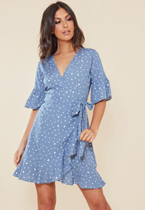 Blue and White Splodge Print Wrap Frill Hem Mini Dress