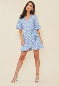 Blue and White Spot Wrap Frill Hem Mini Dress