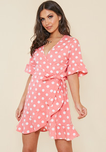 Pink and White Spot Wrap Frill Hem Mini Dress