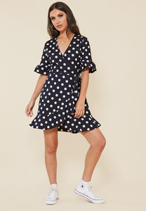 Black and White Spot Wrap Frill Hem Mini Dress