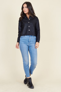 Black Pu Metal Button Boyfriend Shirt