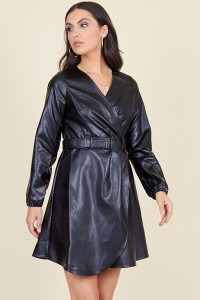 Black PU Long Sleeve Wrap Belted Mini Dress