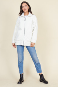 Cream Borg Teddy Ring Pull Zip Through Jacket