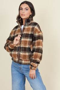 Brown Check Borg Zip Through Teddy Jacket