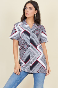 White Black Burgundy Scarf Print Short Sleeve Boyfriend Shirt