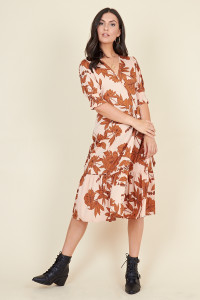 Multi Floral Print Ruffled Tiered Hem Shirred Sleeve Wrap Midi Dress