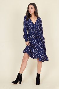 Navy Floral Print Belted Ruffle Hem Wrap Midi Dress