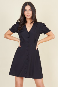 Black Short Puff Sleeve Button Down Mini Tea Dress