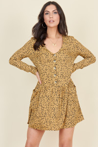 Mustard Floral Print Horn Button Smock Mini Dress
