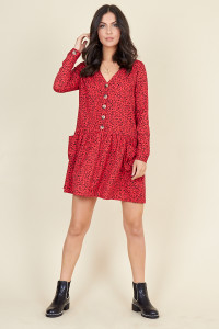 Red Floral Print Horn Button Smock Mini Dress