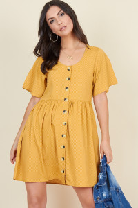 Mustard Polka Dot Horn Button Front Mini Smock Dress