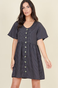 Black Polka Dot Horn Button Front Mini Smock Dress