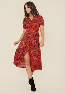 Red Heart Print Revere Collar Wrap Midi Dress