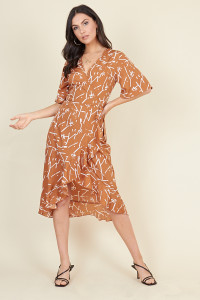 Brown and White Scribble Print Wrap Midi Dress with Frill