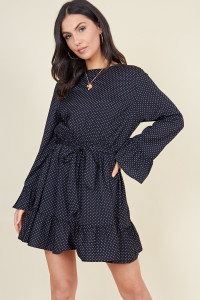 Black Spot Ruffle Hem Waist Belted Mini Dress