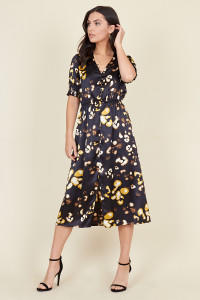 Black Satin Animal Splodge Print Button Detail Midi Dress