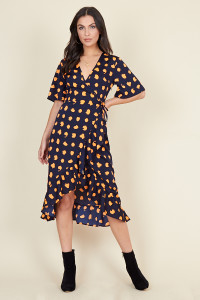 Navy Orange Puzzle Spot Print Wrap Midi Dress with Frill