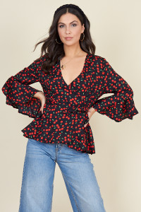Black Base Cherry Print Flute Sleeve Wrap Blouse