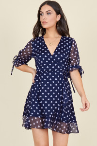 Navy Heart Tie Sleeve Frill Hem Wrap Mini Dress