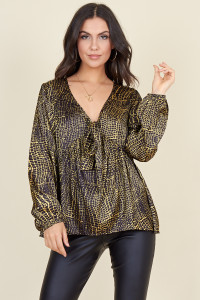 Black Yellow Satin Snake Print Plunge Tie Front Long Sleeve Top