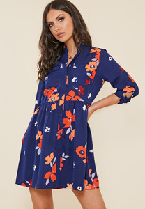 Navy Floral Print Granddad Collar Smock Style Shirt Dress
