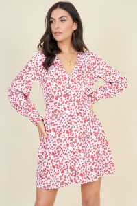 White and Red Ditsy Floral Button Down Mini Tea Dress