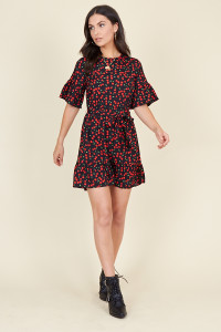 Black Cherry Print Ruffle Hem Waist Belted Mini Dress