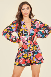 Long Balloon Sleeve Plunge Playsuit In Multi Floral Print