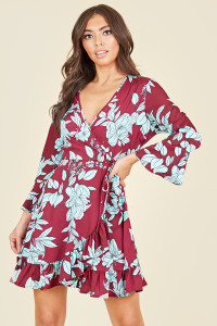 Flared Sleeve Ruffle Hem Wrap Front Mini Dress In Burgundy Blue Large Floral Print