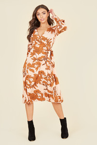 Balloon Sleeve Button Wrap Midi Dress In Blush & Rust Large Floral Print
