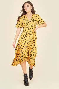 Flutter Short Sleeve Ruffle Hem Wrap Midi Dress in Yellow Abstract Animal Print