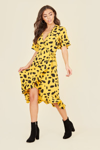 Flutter Short Sleeve Ruffle Hem Wrap Midi Dress In Yellow Abstract Print