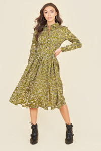 Split Front Long Sleeve Midi Shirt Dress In Irregular Khaki Green Polka Dot