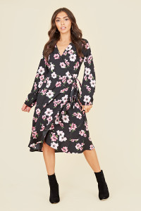 Balloon Long Sleeve Ruffle Hem Wrap Midi Dress In Pink And Black Floral Print