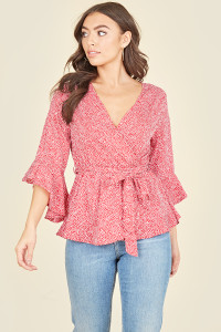 Red White Mini Scattered Spot Frill Sleeve Wrap Top