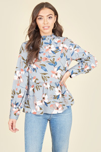 Dusty Blue Large Floral Ruffle Neck Long Sleeve Smock Top