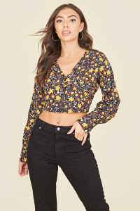 Black Mustard Floral Long Sleeve Button Through Tea Top