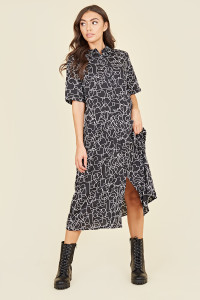 Black White Stencil Heart Oversized Button Through Midi Shirt Dress