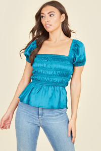 Teal Satin Milkmaid Ruched Panel Top With Peplum Hem