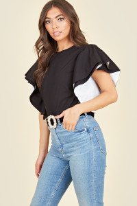Black Cotton Poplin Double Ruffle Sleeve Top With White Contrast Detailing