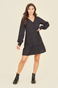 Button Front Ruffle Hem Long Sleeve V-Neck Mini Dress In Black