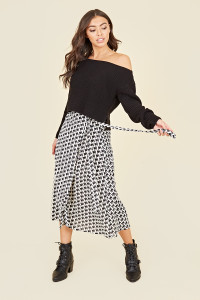 Black White Houndstooth Wrap Belted Midi Skirt