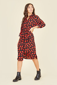 Utility Pocket Belted Long Sleeve Midi Shirt Dress In Abstract Heart Print