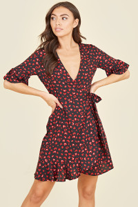 Black and Red Heart Print Wrap Frill Hem Mini Dress
