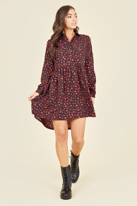 Black and Red Heart Print Dipped Hem Shirt Dress
